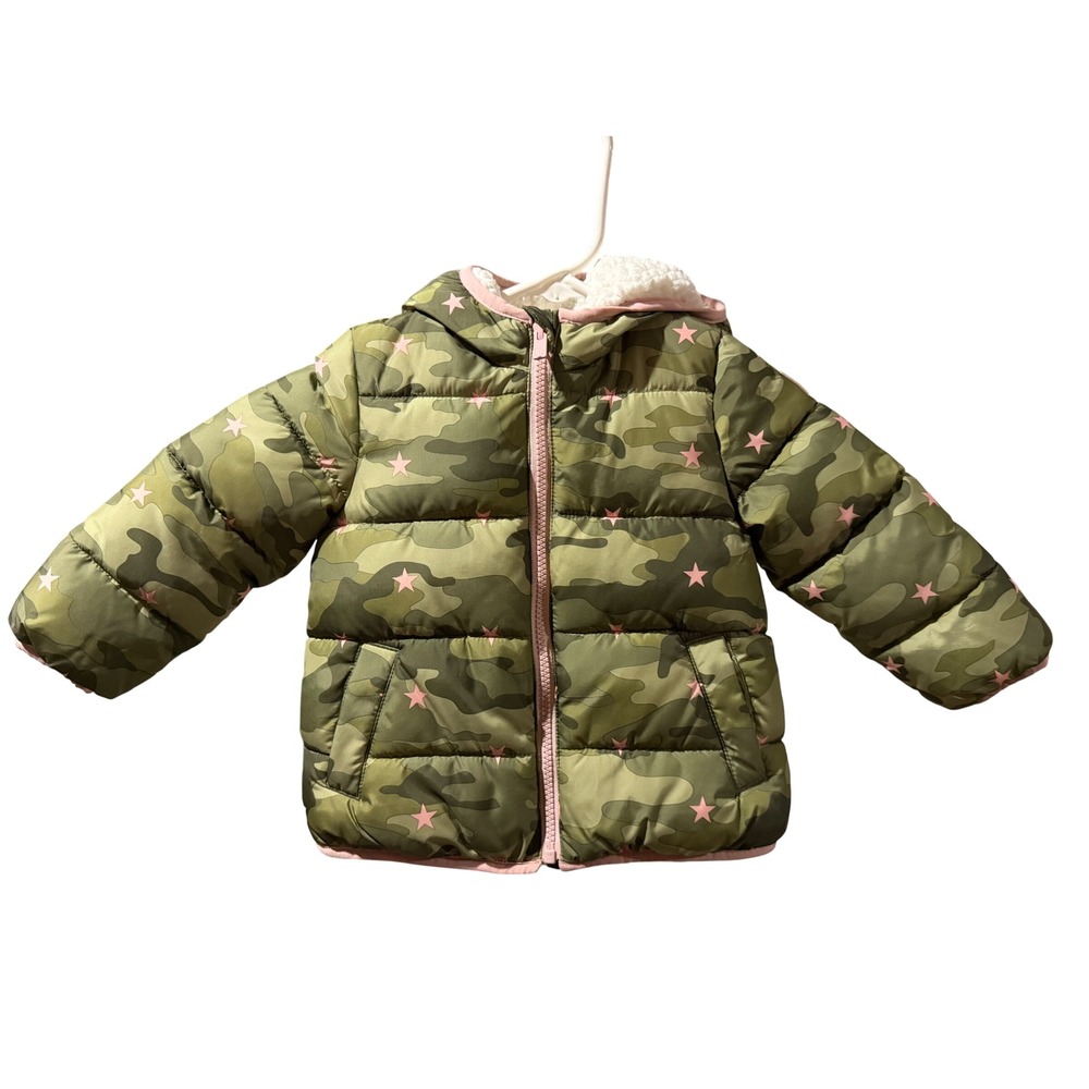 Baby Gap Camo Pink Star Sherpa Lined Hooded Puffer Jacket Green Outerwear Coat